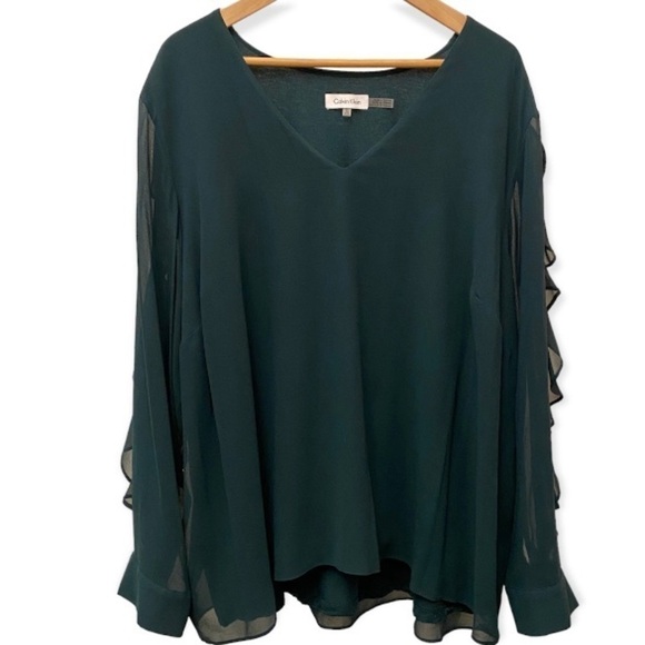 Calvin Klein 3X Top Semi Sheer Dark Green V Neck Flowy Ruffles Long Sleeve - Picture 1 of 9